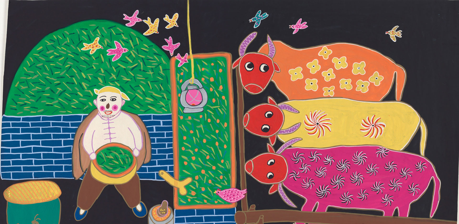 Yanchong Ji Rinder füttern, aus der Serie »Tierhaltung« deckende Wasserfarben Sammlung Ingrid Jansen